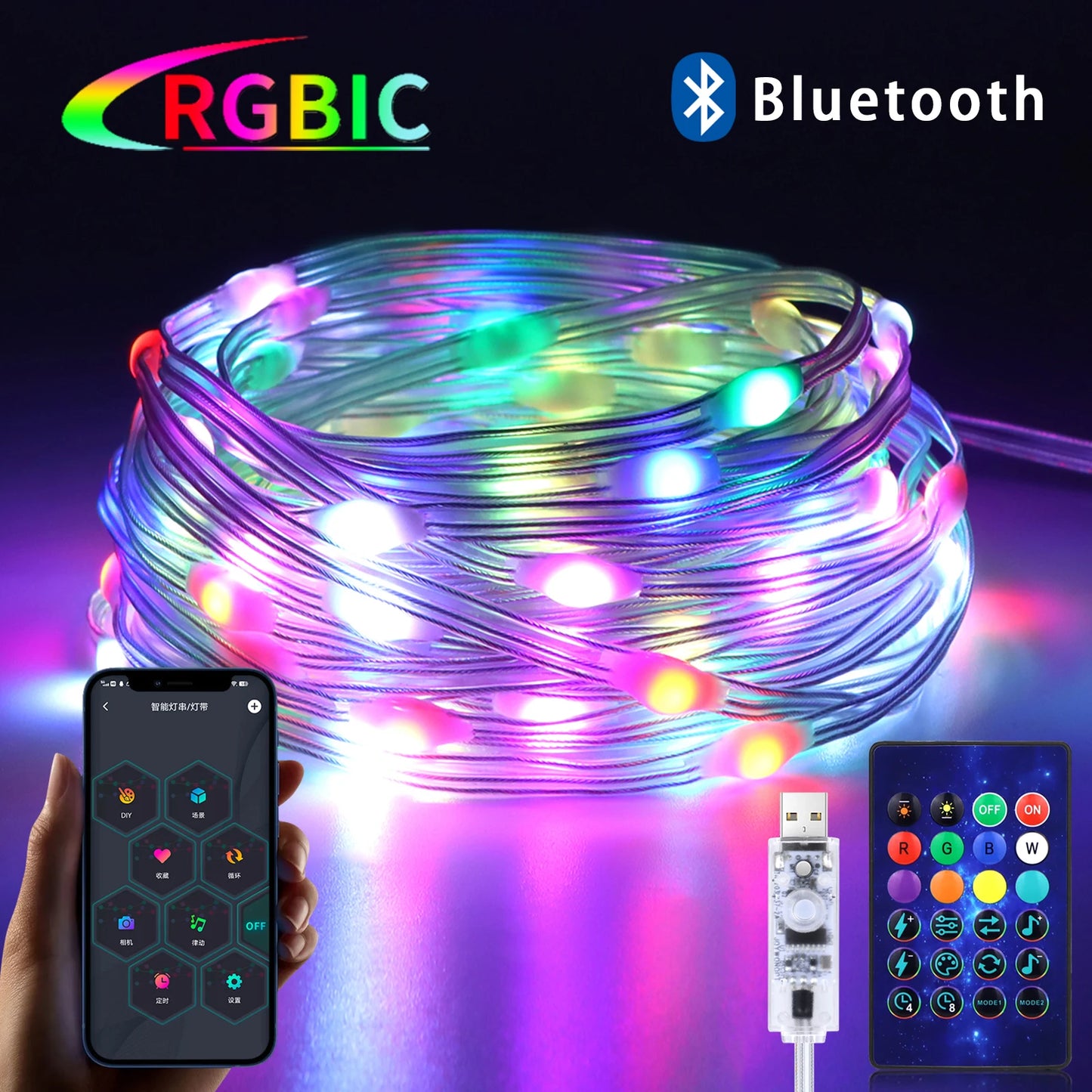 Luz de Ensueño RGB: Guirnalda Luminosa para Navidad con Bluetooth APP y mando a distancia